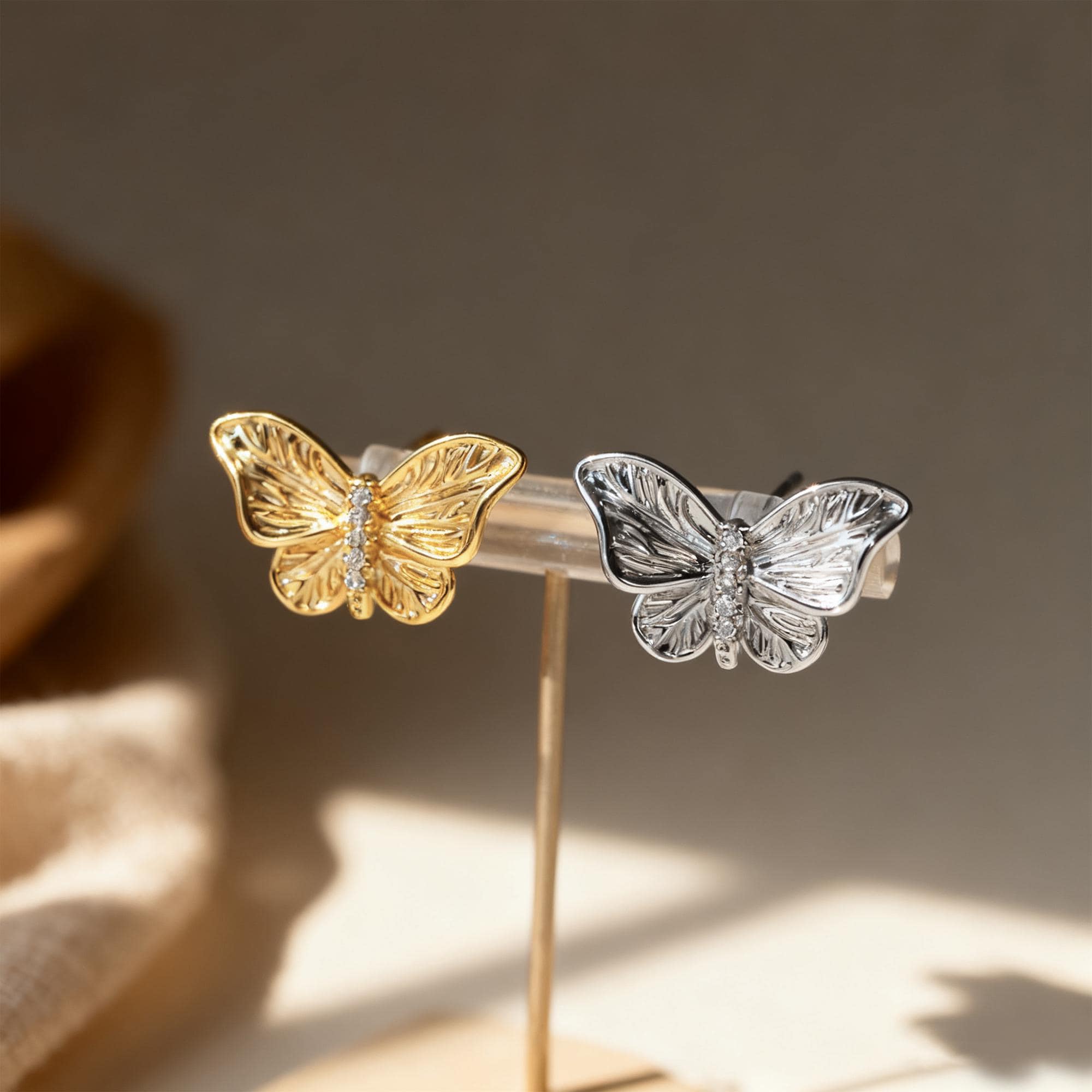4pcs CZ pave Gold/ Silver Butterfly Stud Earrings, Gold/ Rhodium plated Brass, Jewelry Supplies (GB-4691)